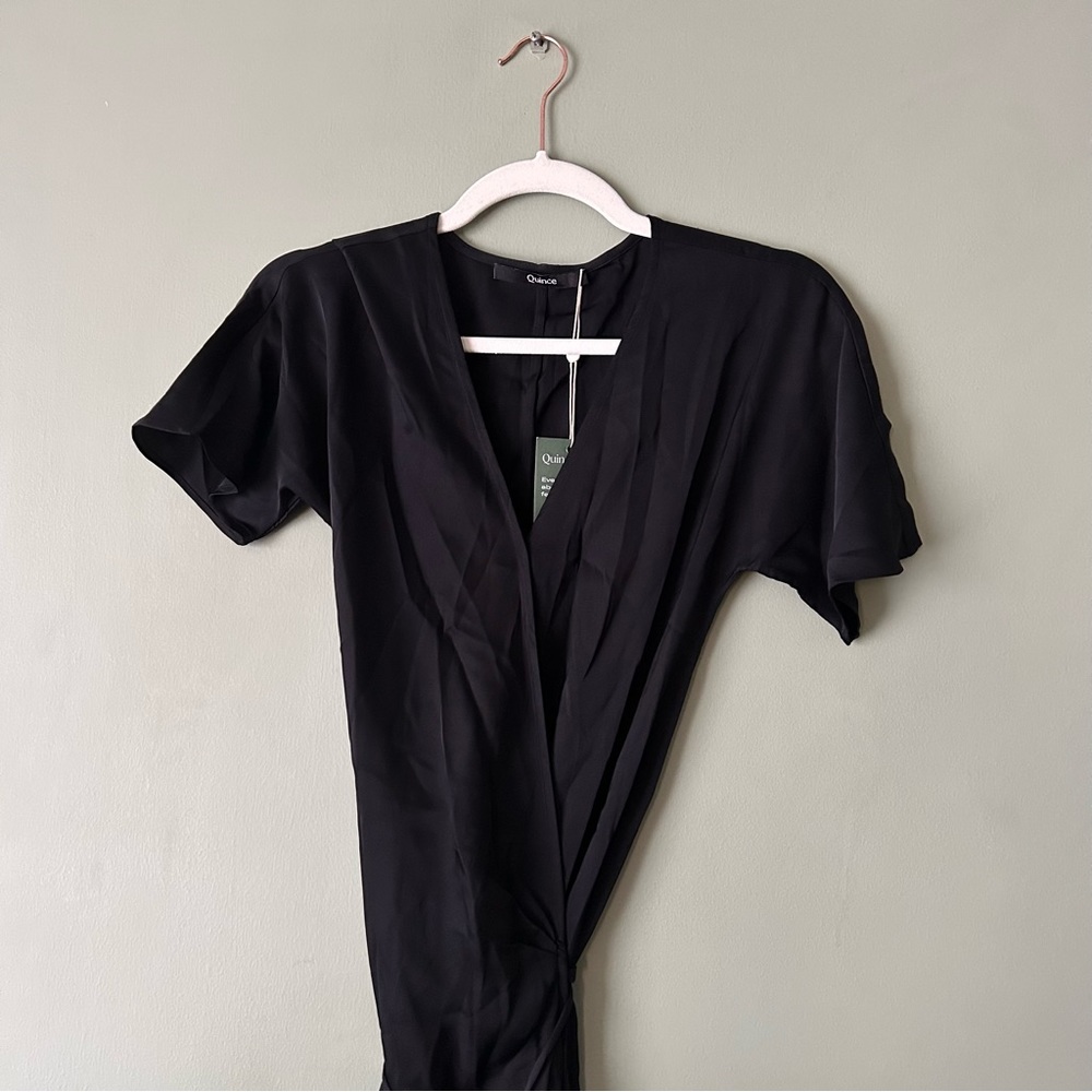 Quince Black Short Sleeve Wrap Mini Dress - Picture 6 of 8